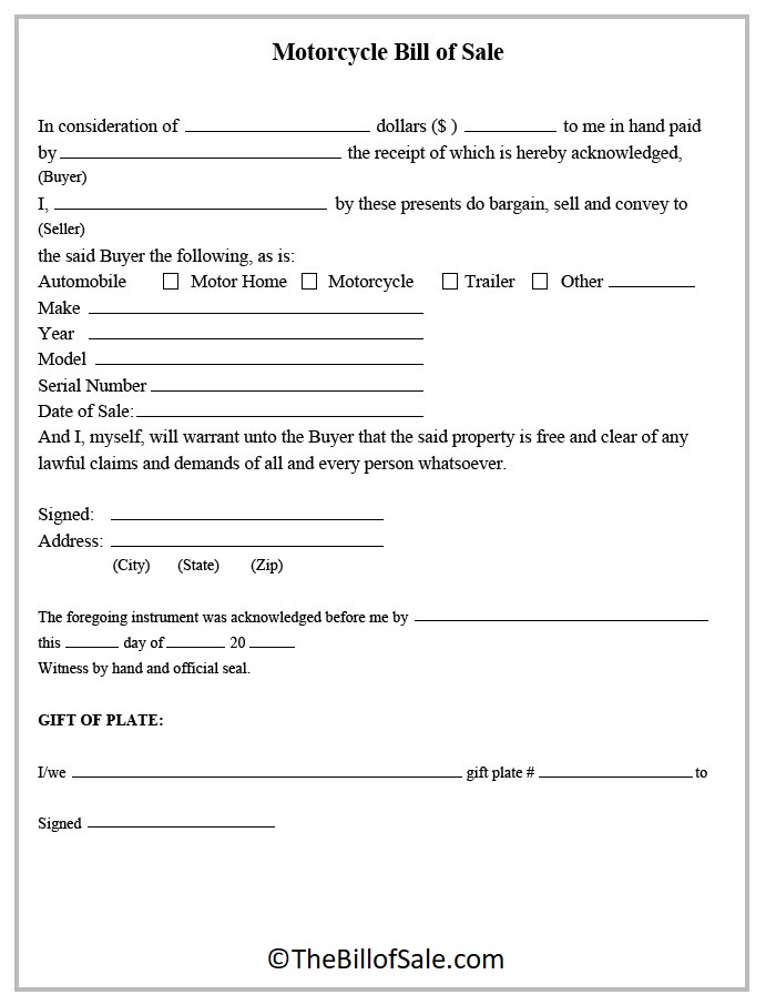 Motorcycle Bill of Sale Form